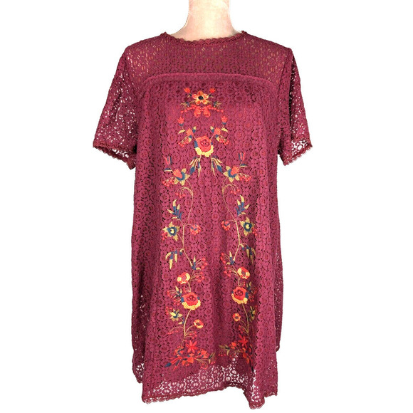 Umgee Women’s Size L Boho Lace Floral Embroidered Shift Dress Lined Red Burgundy - Picture 1 of 10